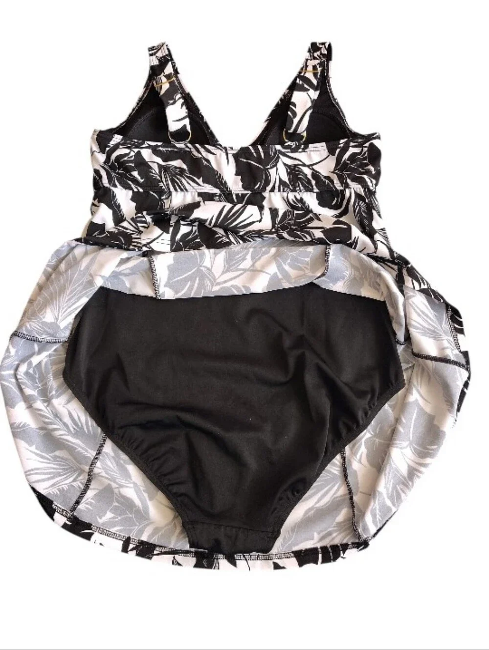 Fit 4U Black White Tropical One Piece Swimsuit Dress SZ 10 Fit 4 Ur Thighs